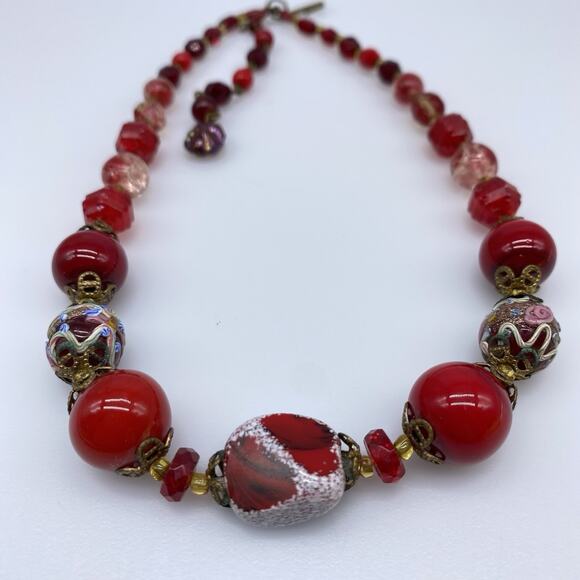 Vintage Venetian Red Glass Wedding Cake Graduated Bead Necklace Adjustable - Picture 15 of 15
